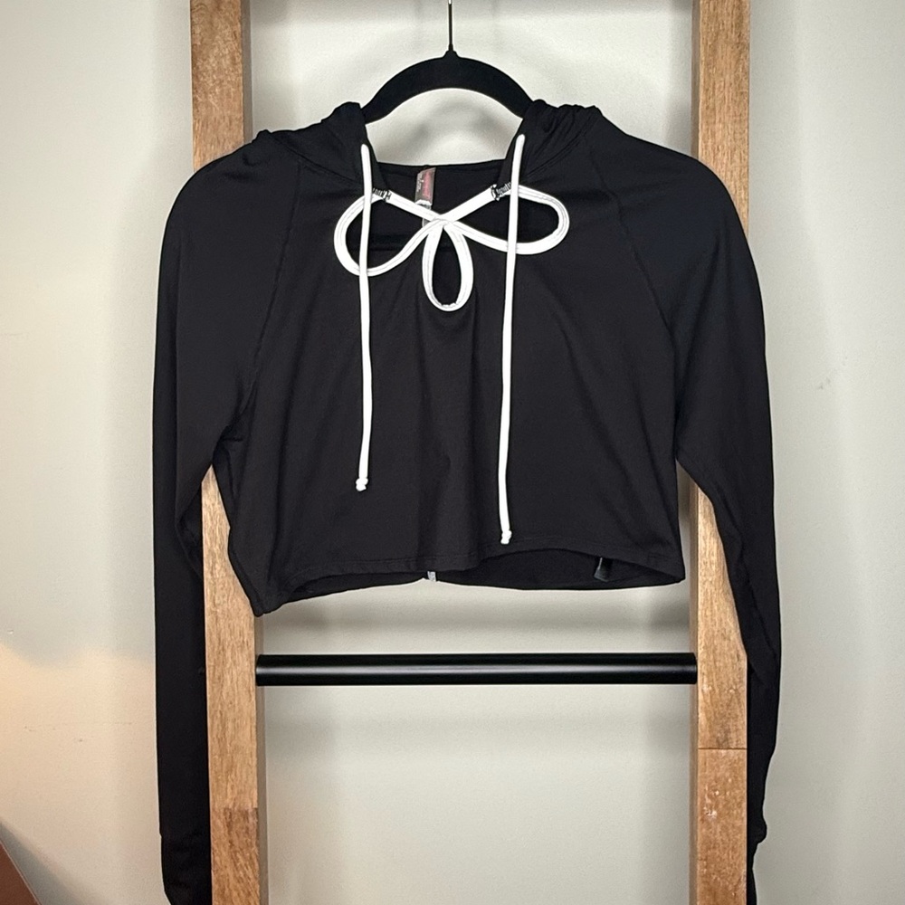 FP Movement by Free People Black Cropped Hoodie with White Drawstrings